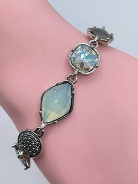 Silver Tone White Black Crystal Link Bracelet Mixed Shape Rhinestone